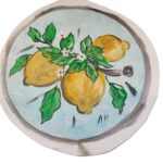 Applicazione tela per coffa siciliana o borsa con limoni dipinti a mano, diametro 16 cm