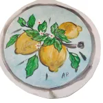 Applicazione tela per coffa siciliana o borsa con limoni dipinti a mano, diametro 16 cm