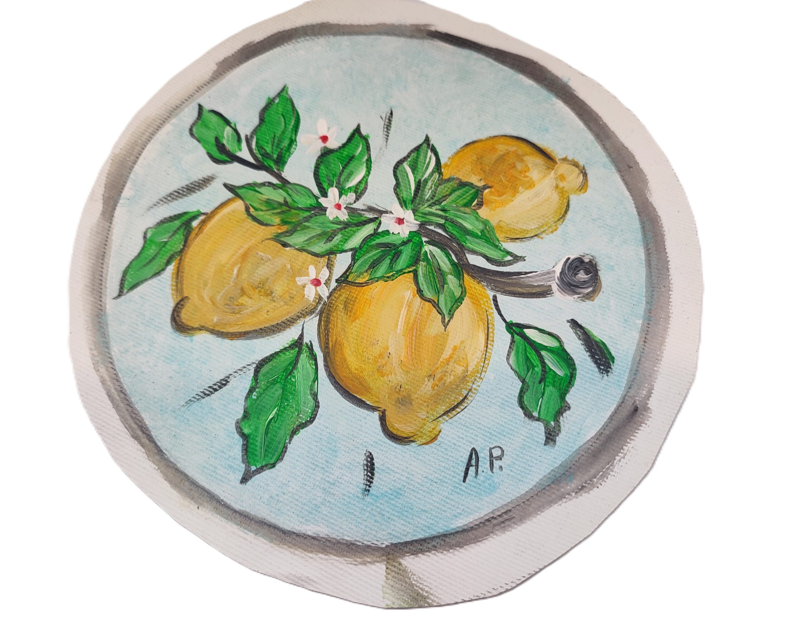 Tela dipinta a mano con limoni e ramo Applicazione tela per coffa siciliana o borsa con limoni dipinti a mano, diametro 16 cm
