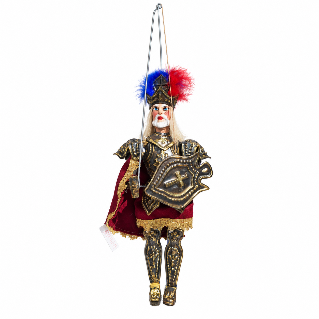 pupo-siciliano-carlo-magno-ottone-28-cm. Pupo siciliano Carlo Magno 28 cm con armatura in ottone, scudo con croce, mantello bordeaux e pennacchio rosso e blu
