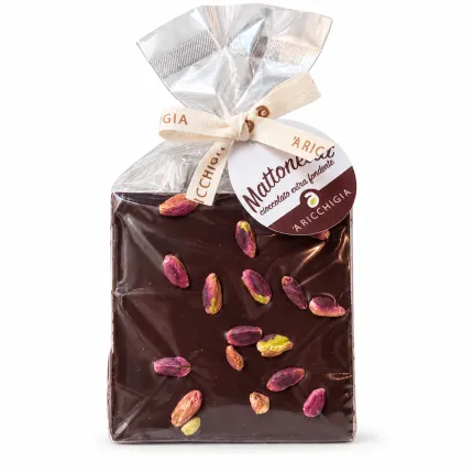 Mattonella di cioccolato fondente con pistacchi ’A Ricchigia da 100 g, confezione trasparente con fiocco