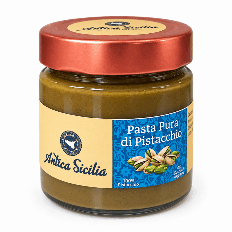 Barattolo di pasta pura di pistacchio Antica Sicilia da 200 g con tappo ramato, su sfondo bianco