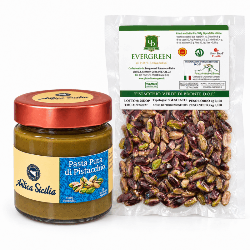 Set gelato al pistacchio con pasta pura Antica Sicilia da 200 g e pistacchio Verde di Bronte DOP sgusciato Evergreen da 100 g