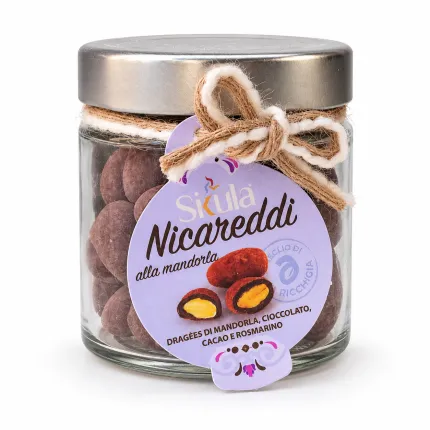Vasetto da 100 g di Nicareddi alla mandorla ’A Ricchigia con etichetta lilla e fiocco