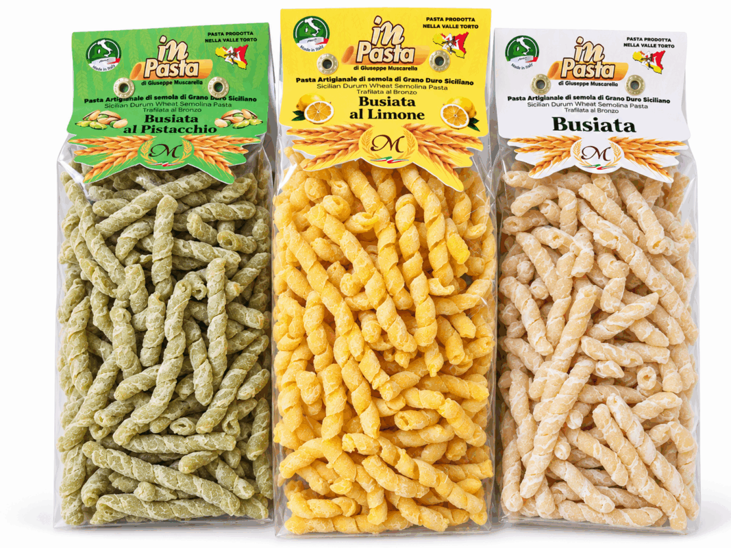 Tris di busiate siciliane artigianali In Pasta classica al limone e al pistacchio 3 x 250 g