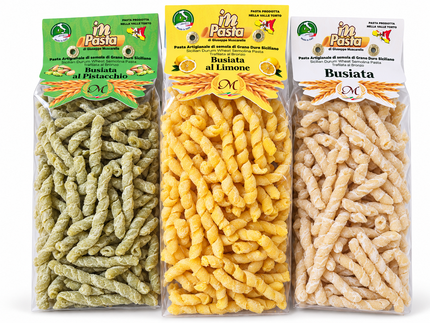 Tre confezioni di busiata siciliana assortita Tris di busiate siciliane artigianali In Pasta classica al limone e al pistacchio 3 x 250 g